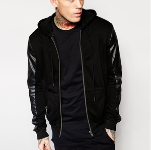 High Quality 100% Cotton <b>Black</b> French Terry <b>Hoodie</b> with <b>Zipper</b> Customized Leather Sleeve Eco-Friendly Outdoor Workout Winter - Product Image 2