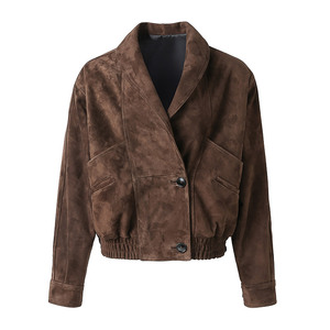 Chaqueta de Primavera de Alta Calidad con Efecto Vintage para Mujer, Chaqueta Bomber de Cuero de Gamuza - Product Image 4