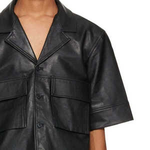 Camisas negras de cuero Pu para hombre, forro de manga corta, bolsillos con solapa en el pecho, camisas personalizadas para hombre - Product Image 4