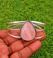 Bracelet de manchette réglable en argent sterling 925 pierre précieuse de quartz rose pour la guérison et le bracelet fin anti-anxiété