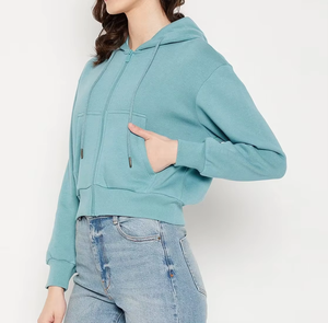 Sweat à capuche zippé décontracté pour femme Sweat à capuche à manches longues de couleur unie - Product Image 4