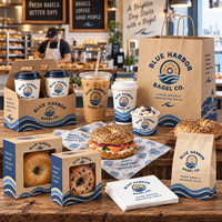 Ensemble d'emballages en papier pour bagels personnalisés AT PACK avec sacs imprimés, papier d'emballage, boîtes, gobelets à café et fournitures à emporter pour café