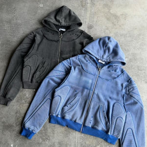 เสื้อฮู้ดแบบสวมหัวแนววินเทจมีฮู้ดผู้ชายเสื้อครอปที่ไหล่เสื้อครอปพิมพ์พัฟเสื้อฮู้ดผ้าเฟรนช์เทอร์รี่พื้นฐานผ้าฝ้ายผสม - Product Image 1