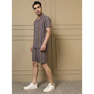 Ensemble coordonné en coton rayé multicolore pour homme Amanush, chemise à manches courtes à col cranté et short, tenue décontractée d'été en 2 pièces - Product Image 3