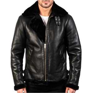 Veste pour homme en cuir de mouton véritable, veste en peau de mouton de qualité supérieure avec fourrure noire pour homme, col à boucle, design élégant - Product Image 1