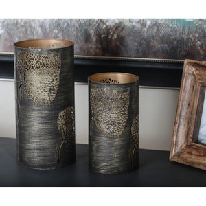 Modern Decorative Metal Lantern Set with Botanical <b>Leaf</b> Cutouts Handcrafted Antique Copper Finish Pillar Candle Holder - Product Image 4