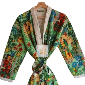 Albornoz Kantha con estampado de bloque de mano de algodón indio, Kimono Floral con estampado de algodón, albornoz envolvente - Product Image 1