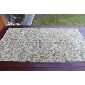 พรมวินเทจสไตล์ตุรกี ขนาด 4.5x7.9 ฟุต ลายต้นไม้และพืชสีเขียว ทำจากขนสัตว์ - Product Image 3