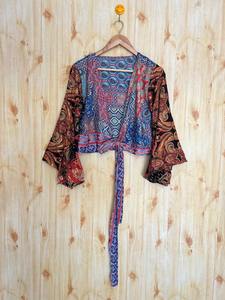 Handmade Recycled Silk Sari Crop <b>Top</b> with Embroidery Bell Sleeve Tie Dye Design Vintage Floral Style for Winter Summer & Autumn - Product Image 5