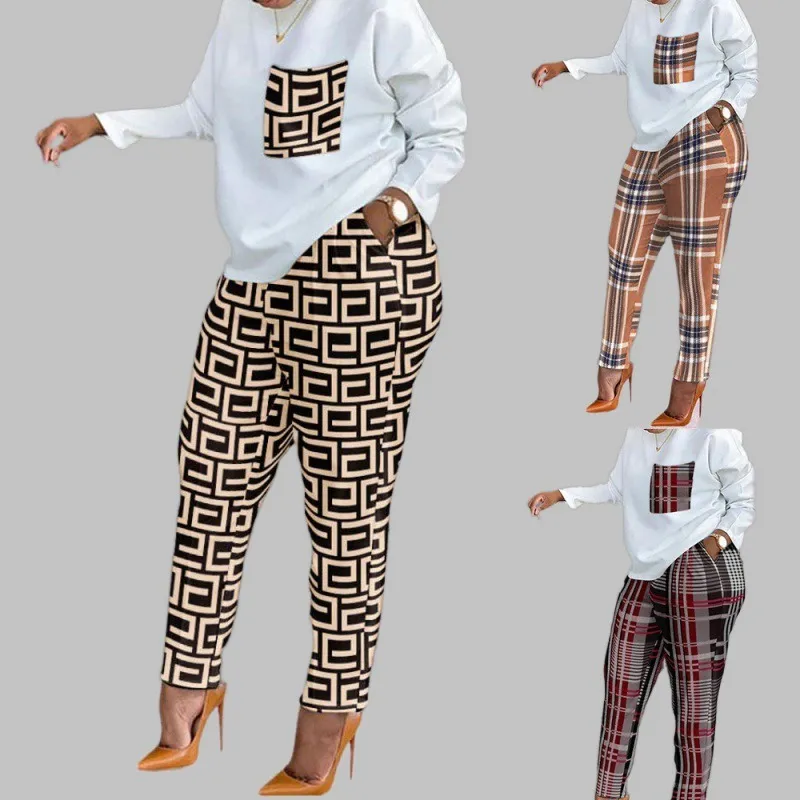 स्प्रिंग फ़ॉल लेडीज़ न्यू जॉगर प्रिंटिंग लंबी आस्तीन ढीली सांस लेने योग्य टी शर्ट पतलून महिलाओं के कैज़ुअल दो पीस पैंट सेट कपड़े