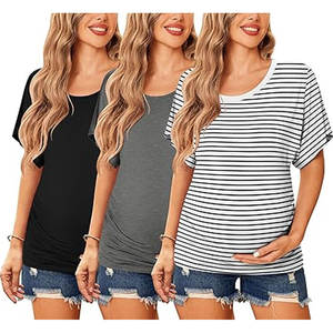 Chemises de maternité manches dolman hauts froncés sur le côté tunique vêtements de grossesse décontractés chemisiers d'allaitement extensibles été 100% coton - Product Image 1