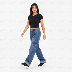 <b>Women</b>’s Baggy Denim Cargo <b>Jeans</b> Manufacturer Custom Wide Leg Cargo Pants for <b>Women</b> High Waist Vintage Washed <b>Blue</b> <b>Jeans</b> - Product Image 5