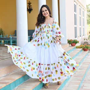 Nouveau Dot Print Floor Length Square Neck Puff Three Quarter Sleeve Designer Heavy Maxi Dress - Product Image 2