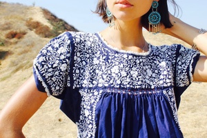 SRJ EXPORTS Navy <b>White</b> Hand Embroidered Oaxacan <b>Maxi</b> Dress 100% Cotton Dense Detailed Flowers Crochet Trim A-Line Vintage Summer - Product Image 4