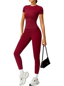 Nouvel ensemble de vêtements de sport pour femmes en 2 pièces, couleur unie, taille élastique, tissu léger et extensible - Product Image 3