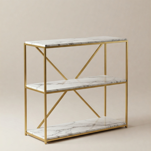 Estante de mármol moderno con marco dorado, solución de almacenamiento versátil, decoración elegante para sala de estar y oficina, exhibición duradera para plantas de libros - Product Image 1