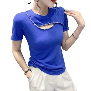 Camiseta de manga corta de algodón elástico de verano para mujer, Camiseta corta informal transpirable para mujer, cuello redondo, negro, azul, verde - Product Image 1