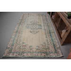 Tapis turc Vintage Beige Vert 4.7 X 8.3ft laine faite à la main grande surface Patchwork Design rectangulaire couloir Latex pour la décoration de la chambre - Product Image 1