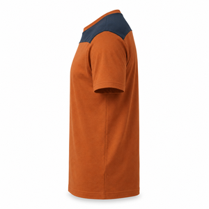 Camiseta de Algodón con Cuello Redondo Color Naranja Óxido Personalizada con Paneles en los Hombros Color Azul Marino, Ropa Casual para Hombre, Proveedor Mayorista - Product Image 6
