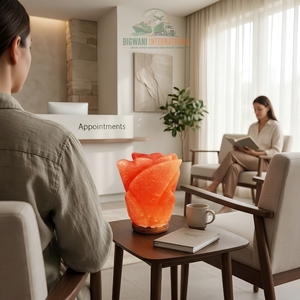 Lampe en sel de l'Himalaya artisanale, design fleur de rose, purificateur d'air, veilleuse en cristal naturel avec cordon à intensité variable et base en bois - Product Image 6