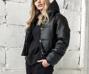 Veste matelassée tendance pour femmes en cuir véritable coupe-vent imperméable à col rabattu manches longues automne hiver unie teinte unie - Product Image 2