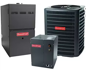 Nuevo sistema de aire acondicionado Goodman de 3 toneladas, 14 SEER2, tipo Upflow, con refrigerante R-32, 80% AFUE y caldera de 100k BTU - Product Image 1