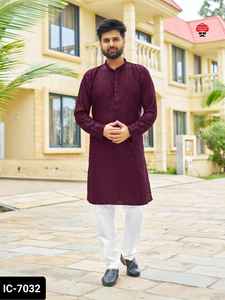 Vêtements ethniques indiens Prêt à porter Premium Rayon Men's Wear Kurta avec broderie et paillettes Work et Raymond Cotton Pyjama - Product Image 5