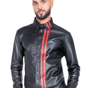 Leather <b>Shirt</b> with <b>Red</b> Stripes <b>Black</b> Faux Leather <b>Mens</b> Long Sleeve Fetish Fashion Club Top - Product Image 1