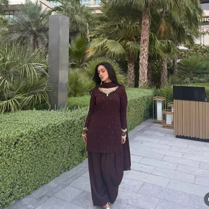 Traje Farsi Salwar de diseñador exclusivo en tela de algodón crepé francés Ropa de fiesta de verano tradicional con Top Salwar Dupatta - Product Image 1