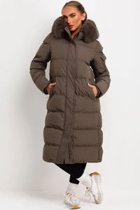 Custom Brown <b>Women</b> Longline Puffer <b>Coat</b> with Fur Hood, Full Zip Quilted Bubble <b>Winter</b> Down Jacket Warm Padded Wear - Product Image 6