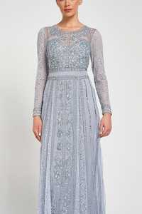 Vestido de Noche Largo Elegante Plateado para Mujer, Bordado con Decoración de Perlas, Tela Crepé, Cintura Natural, para Fiestas y Ocasiones Especiales - Product Image 3