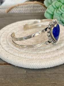 Sterling Silver Heart Shaped Cuff <b>Fine</b> <b>Bangle</b> with Lapis Gemstone - Product Image 3