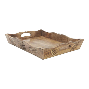 Bandeja de madera de mango tallada a mano artística con asas Bandeja de servicio de madera de Venta caliente para uso en restaurantes y hoteles Proveedor a granel disponible - Product Image 1
