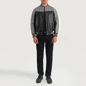 Chaqueta Bomber de Cuero Genuino de Gamuza Vacuna Negra y Gris, Relleno de Algodón, Acabado Transpirable, Cierre de Cremallera, Logotipo Personalizado, Color Sólido - Product Image 2