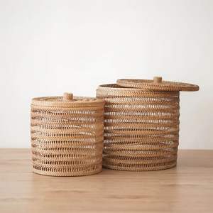 Rattan Bamboo Natural Wood Basket Weaving Handcrafted Baskets <b>with</b> Handle and <b>Lid</b> From Vietnam - Product Image 6