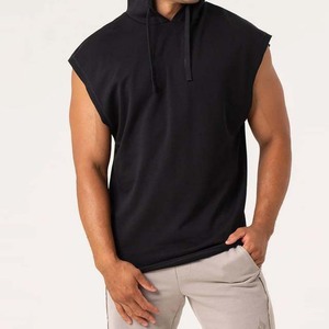 Gilet sans manches à capuche pour homme, noir uni, en coton, décontracté, coupe classique, tricoté, respirant - Product Image 2