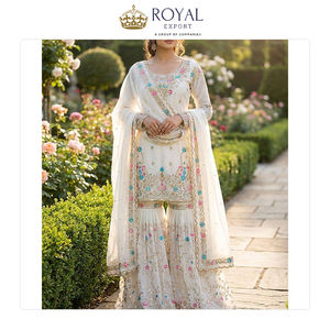 Dernière collection de costumes Sharara pour mariage, design et style modernes, en soie JMC avec travail de séquence de fils et travail de rivets Moti - Product Image 5