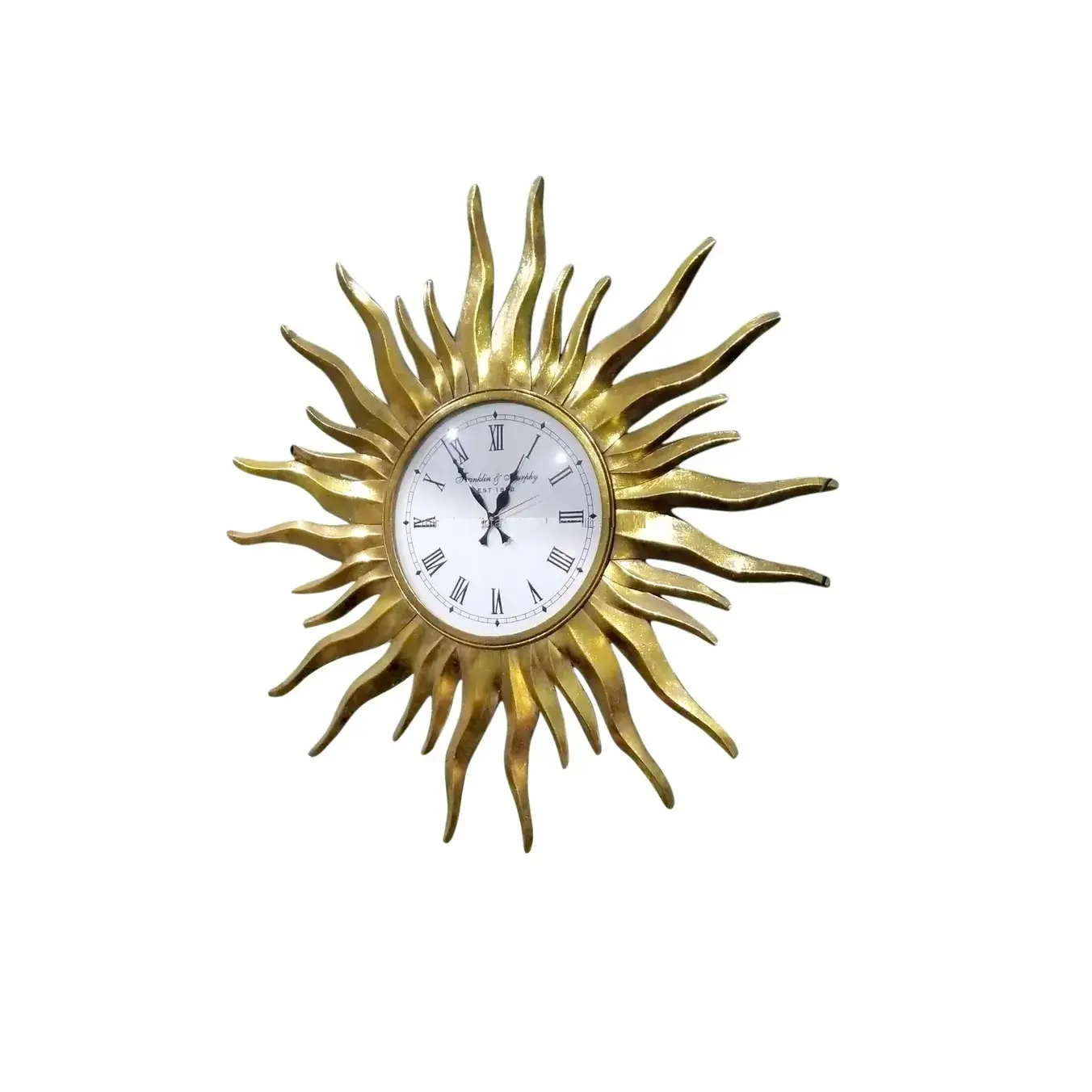นาฬิกาแขวนผนังแฟนซีเหล็กทรงกลมสีทองตกแต่งห้องนั่งเล่นผนังเรียบง่ายทำจากโลหะอินเดีย