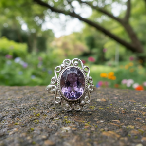 Bague en argent sterling avec améthyste |   Pierre précieuse de style vintage à taille ovale |   Bijoux en argent 925 faits à la main par des artisans - Product Image 4