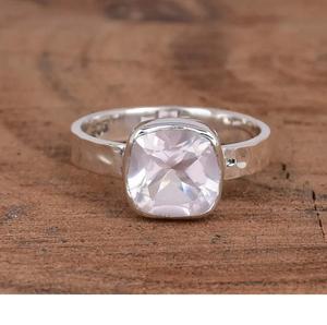 925 Sterling Silver Natural Rose Quartz <b>Ring</b> <b>Cushion</b> Gemstone Hammered Statement Anniversary Gift for Her Fashion <b>Rings</b> - Product Image 3