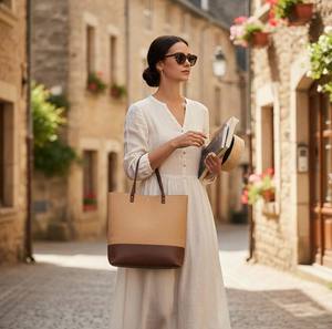 Bolso Tote Minimalista de Dos Tonos en Cuero Genuino con Cierre, Bolso de Hombro Grande Color Marrón Claro para Mujer con Bolsillos Interiores Resistentes al Agua - Product Image 3