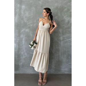 Vestido Casual al Por Mayor de Topshow, Diseño Largo con Tirantes y Cuello en V, Lino Crudo - Product Image 4