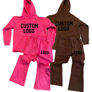 Custom Distressed Embroidered Acid Washed Hoodie 2 Piece Sweat <b>Pants</b> Set Stacked With Flare <b>Pants</b> Tracksuits Winter Wear - Product Image 1