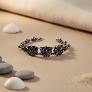 Vintage Flower <b>Cuff</b> <b>Bracelet</b> With Amethyst Stones Tibetan <b>Silver</b> Women's Jewelry Gift - Product Image 1