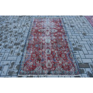 Turkish Rug 3.5x6.8 ft, <b>Red</b> Blue Ombr <b>Wool</b> Vintage Rug - Product Image 1