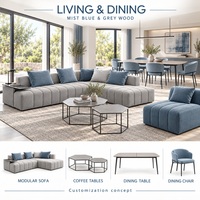 Meubles sur mesure pour toute la maison, canapé-lit modulaire bleu brume, table à manger, armoires de cuisine, armoire, meuble-lavabo de salle de bain