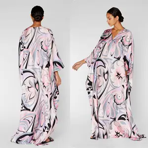 Premium lembut sutra abstrak Digital dicetak impor pakaian pesta wanita panjang Ratu gaya Kaftan