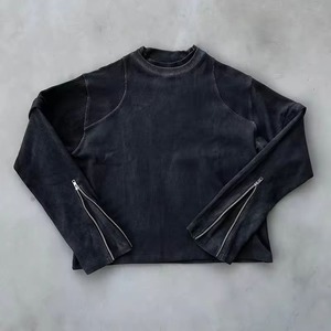 Customized Unisex Black Double Layer Detachable Long Sleeve Acid Washed Vintage <b>Waffle</b> Knit T-<b>shirt</b> - Product Image 2
