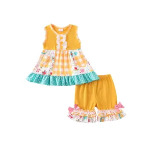 New summer short two-piece for girls clothes sets splice printing dress match yellow shorts kid girl dress suits