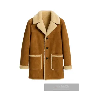 Manteau en cuir brun doublé de fourrure de mouton avec poches avant - Product Image 1